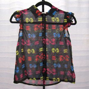 Girls' Harajuku Mini Black Sheer Bow Print Button Down Top - L - Gwen Stefani